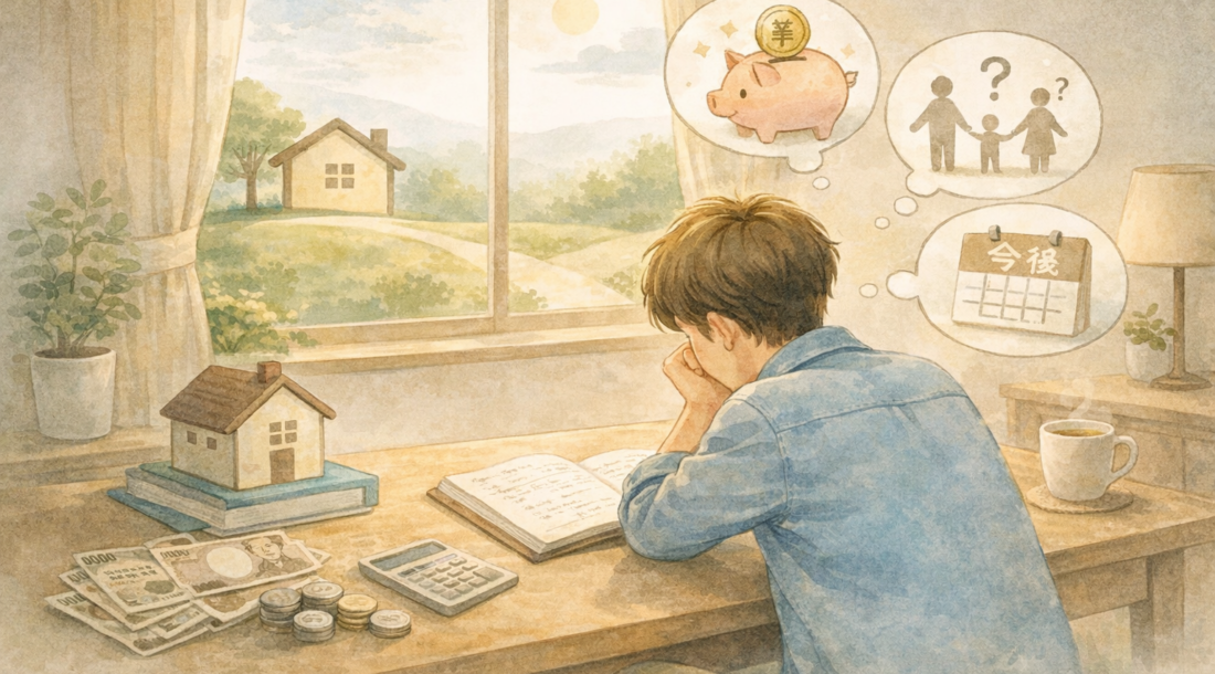 家を建てるお金の不安について、静かな室内で考え込んでいる様子