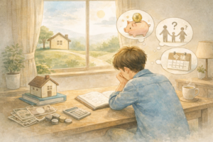 家を建てるお金の不安について、静かな室内で考え込んでいる様子