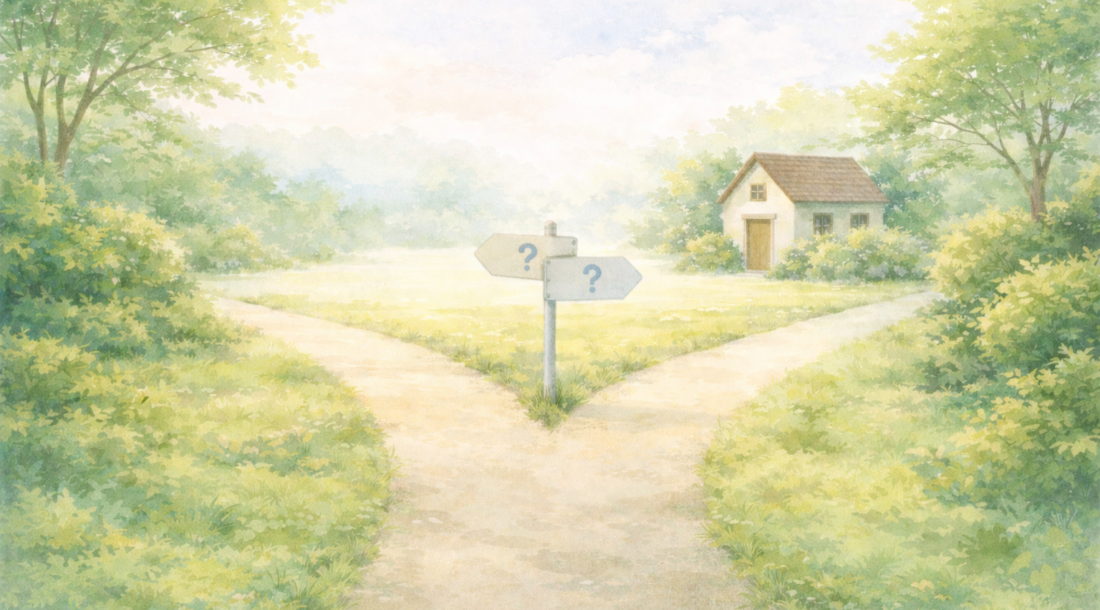 家を建てるか迷いながら、静かな住宅街の道を見つめるイメージ