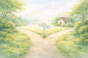 家を建てるか迷いながら、静かな住宅街の道を見つめるイメージ