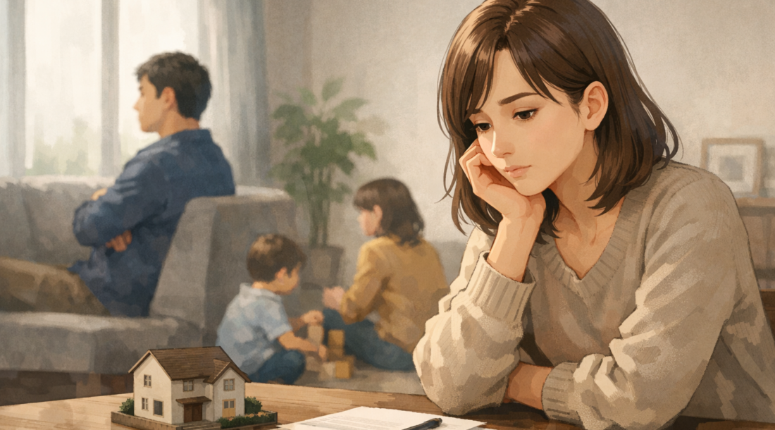 家の模型と書類が置かれたテーブルの前で、家族の意見の違いに思い悩みながら立ち止まって考える女性と、その奥で距離を感じる家族の姿