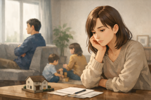 家の模型と書類が置かれたテーブルの前で、家族の意見の違いに思い悩みながら立ち止まって考える女性と、その奥で距離を感じる家族の姿