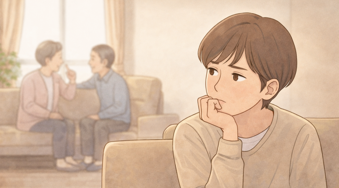 親世代が話をしている室内で、少し距離を感じながらソファに座り、家を建てる判断について一人考え込んでいる人物の様子