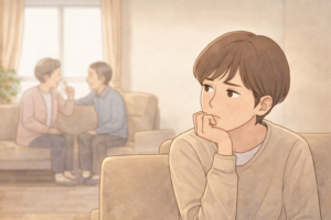 親世代が話をしている室内で、少し距離を感じながらソファに座り、家を建てる判断について一人考え込んでいる人物の様子