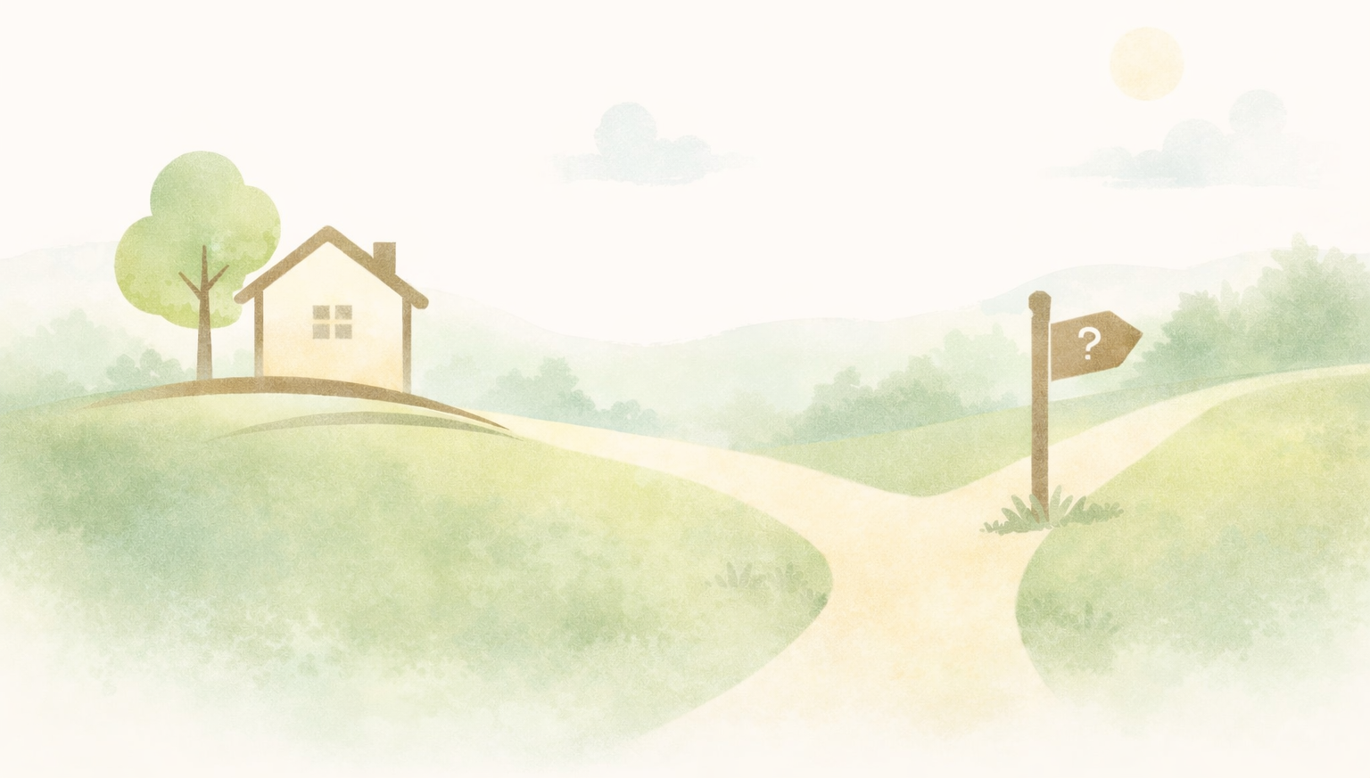 住まいの選択に迷い、分かれ道で考えている様子を表したイラスト