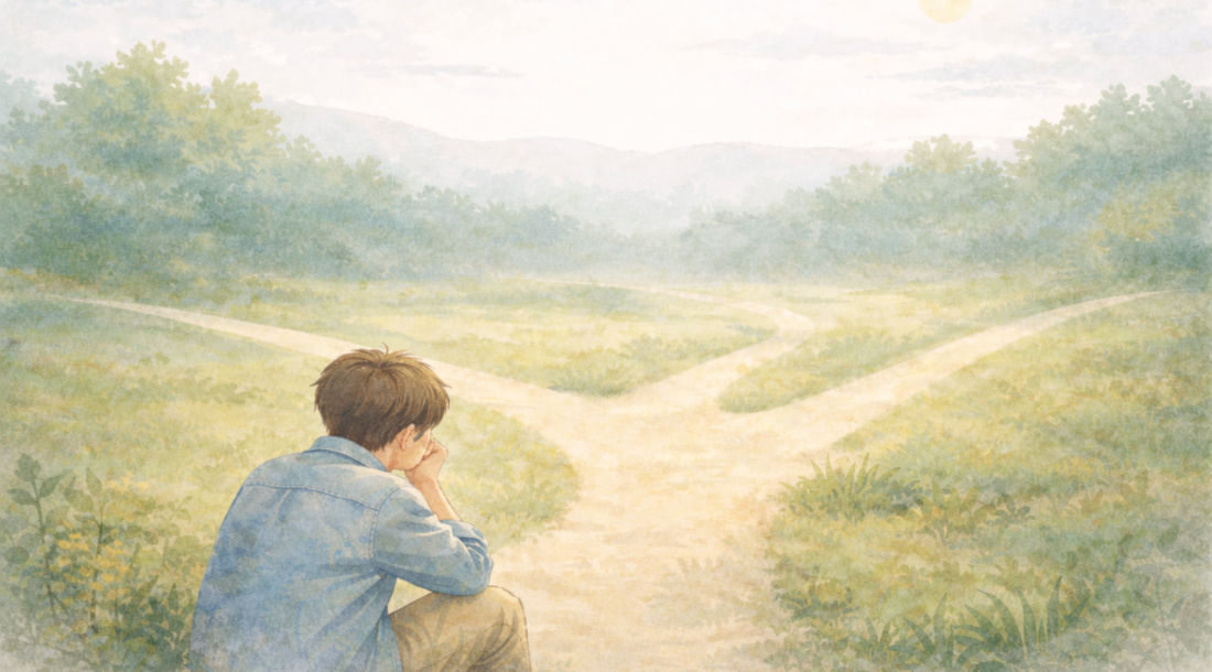 分かれ道の前で立ち止まり、これからの選択について静かに考えている様子