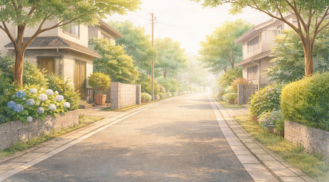 家を建てる直前に立ち止まり、静かな住宅街の道でこれからの暮らしを考えている様子を表したイラスト