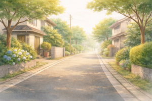 家を建てる直前に立ち止まり、静かな住宅街の道でこれからの暮らしを考えている様子を表したイラスト