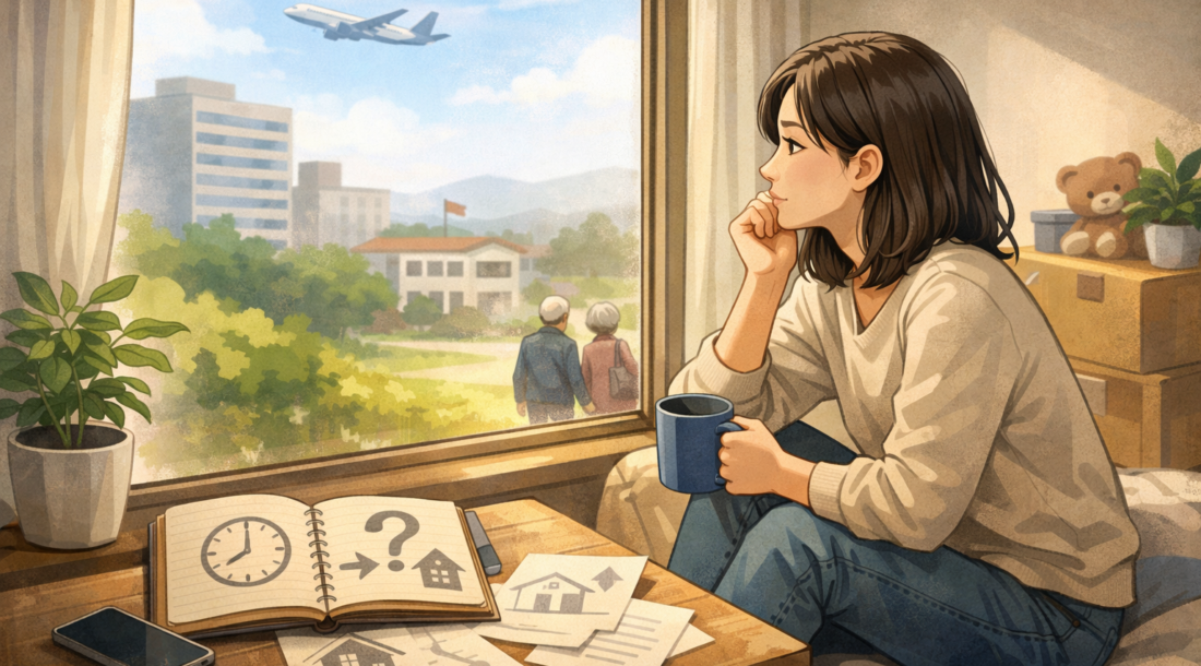 窓辺に座り、外を眺めながらこれからの暮らしについて静かに考え込む女性の様子