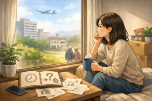 窓辺に座り、外を眺めながらこれからの暮らしについて静かに考え込む女性の様子