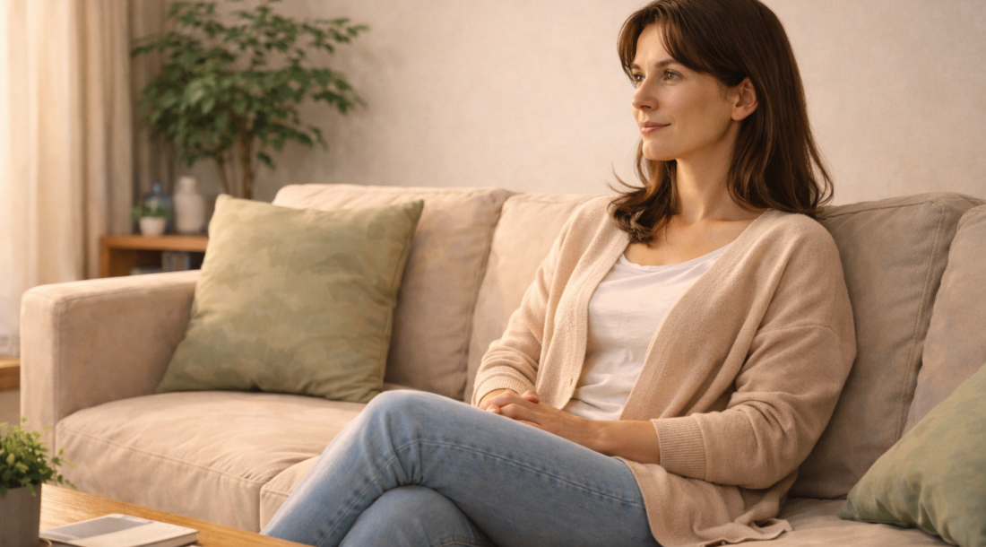 家づくりの判断を一度止めたあと、落ち着いた表情でソファに座り考えを整理している様子