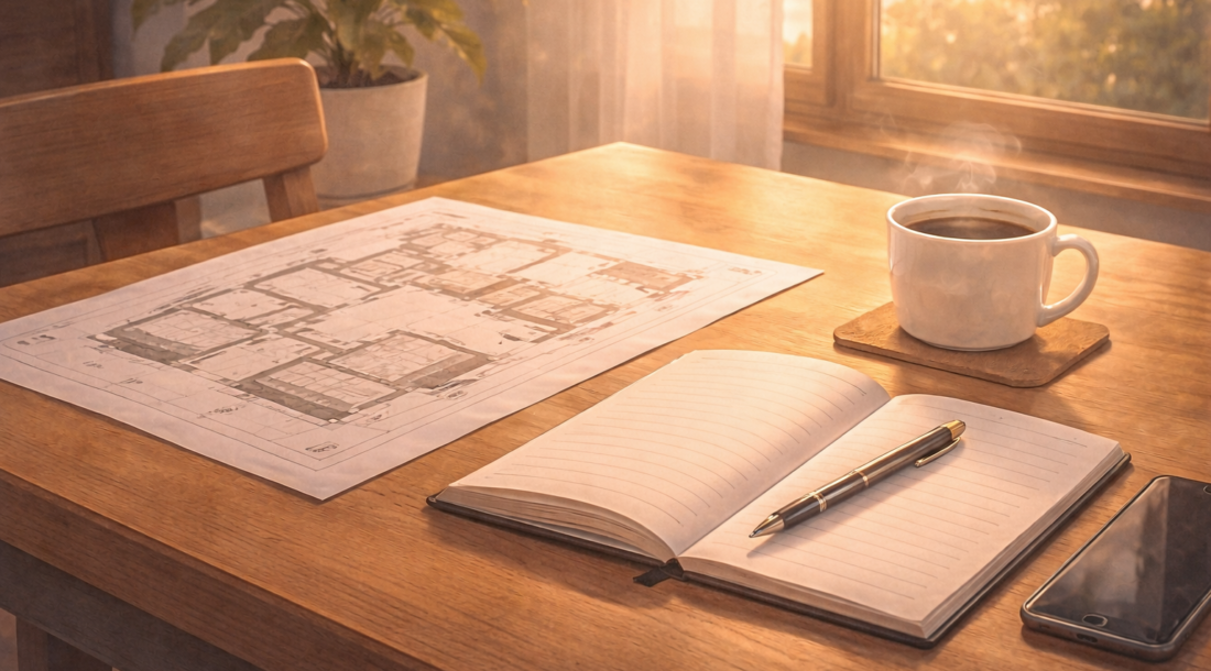 家づくりの図面とノート、コーヒーが並ぶテーブルに夕方の光が差し込む様子