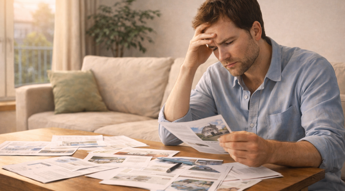 住宅の資料を前に、比較を重ねて疲れた表情で考え込んでいる男性の様子