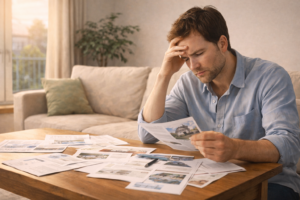 住宅の資料を前に、比較を重ねて疲れた表情で考え込んでいる男性の様子
