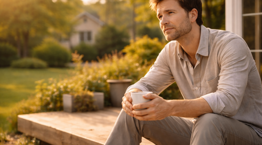 判断を急がず、屋外のデッキでコーヒーを飲みながら静かに考えを巡らせている男性の様子