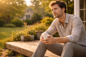 判断を急がず、屋外のデッキでコーヒーを飲みながら静かに考えを巡らせている男性の様子