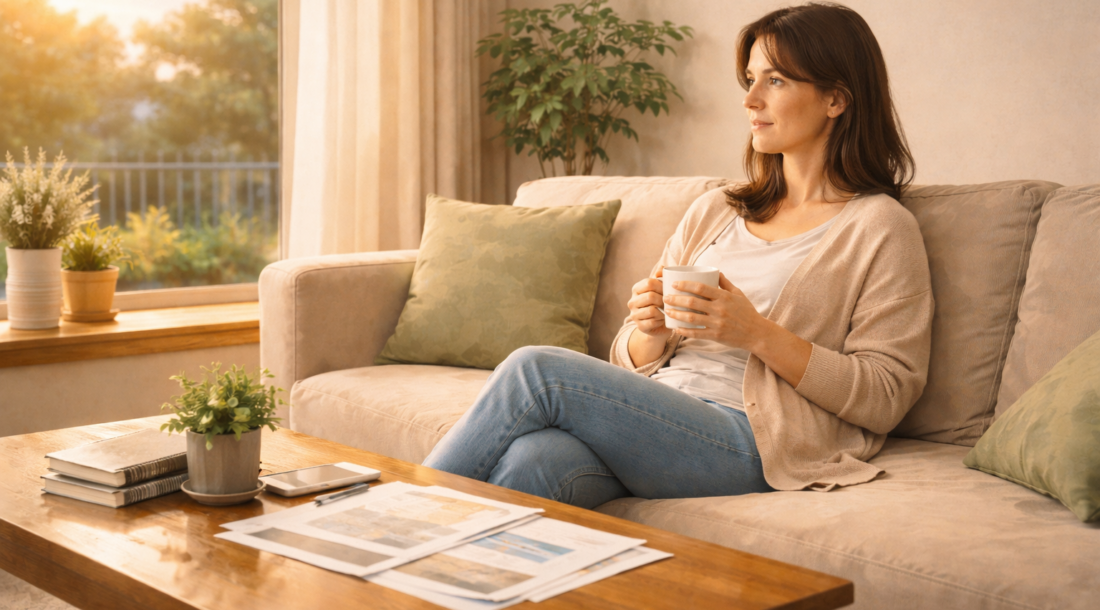 夕方の室内で、家づくりの書類を片付けたあと静かに過ごしている落ち着いた様子