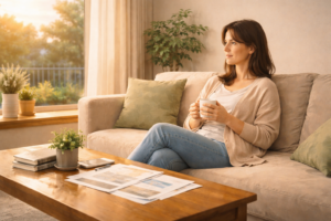 夕方の室内で、家づくりの書類を片付けたあと静かに過ごしている落ち着いた様子