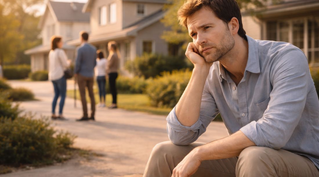 周りが家づくりを進めている中で、ベンチに座り一人で考え込んでいる男性の様子