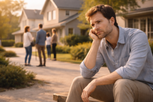 周りが家づくりを進めている中で、ベンチに座り一人で考え込んでいる男性の様子