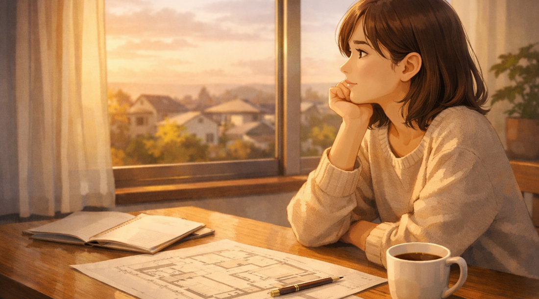 家づくりの図面を前に、窓辺で静かに考え込む女性のイラスト
