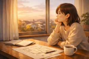 家づくりの図面を前に、窓辺で静かに考え込む女性のイラスト