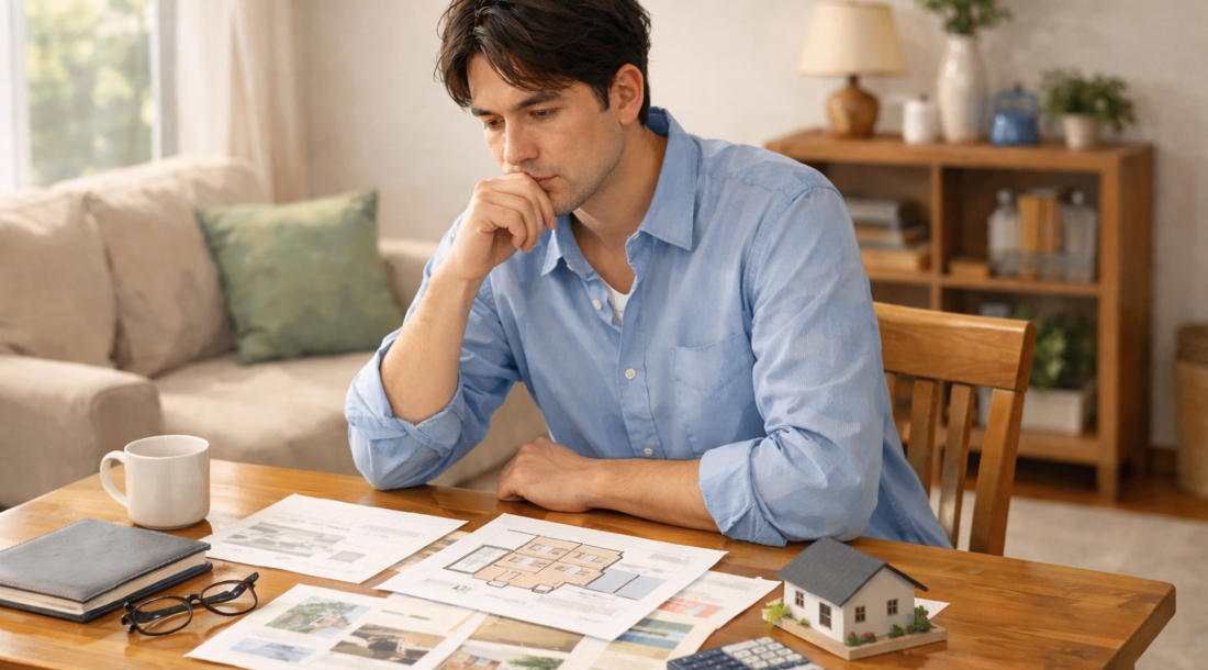室内のテーブルに住宅資料を広げたまま、結論を急がず静かに考え込んでいる様子