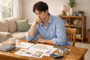 室内のテーブルに住宅資料を広げたまま、結論を急がず静かに考え込んでいる様子